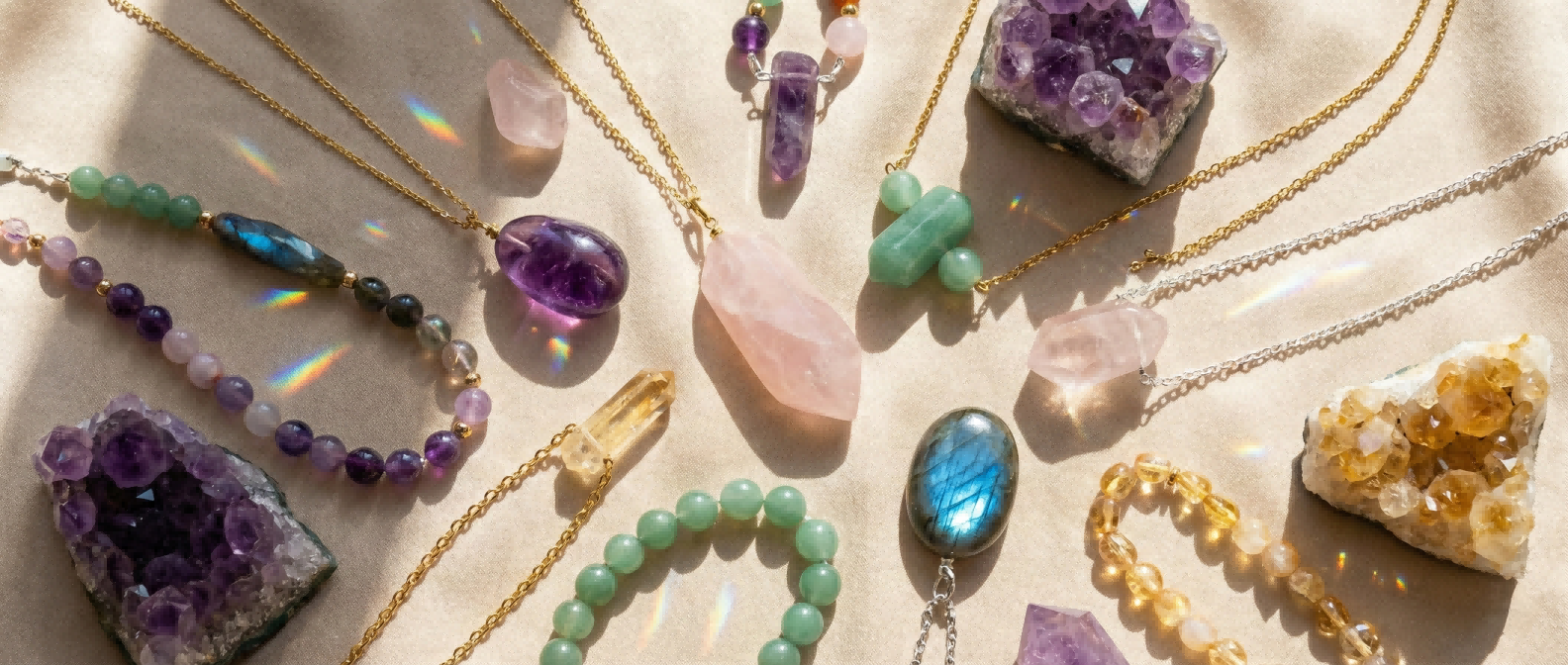 Collection of natural healing crystals representing the Five Elements Feng Shui energy.