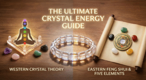 An illustration showing the connection between Western Chakra energy points on a meditating figure and the Eastern Feng Shui Five Elements cycle, bridged by a glowing crystal bracelet to symbolize holistic balance.