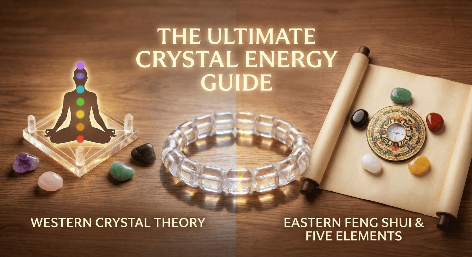 An illustration showing the connection between Western Chakra energy points on a meditating figure and the Eastern Feng Shui Five Elements cycle, bridged by a glowing crystal bracelet to symbolize holistic balance.