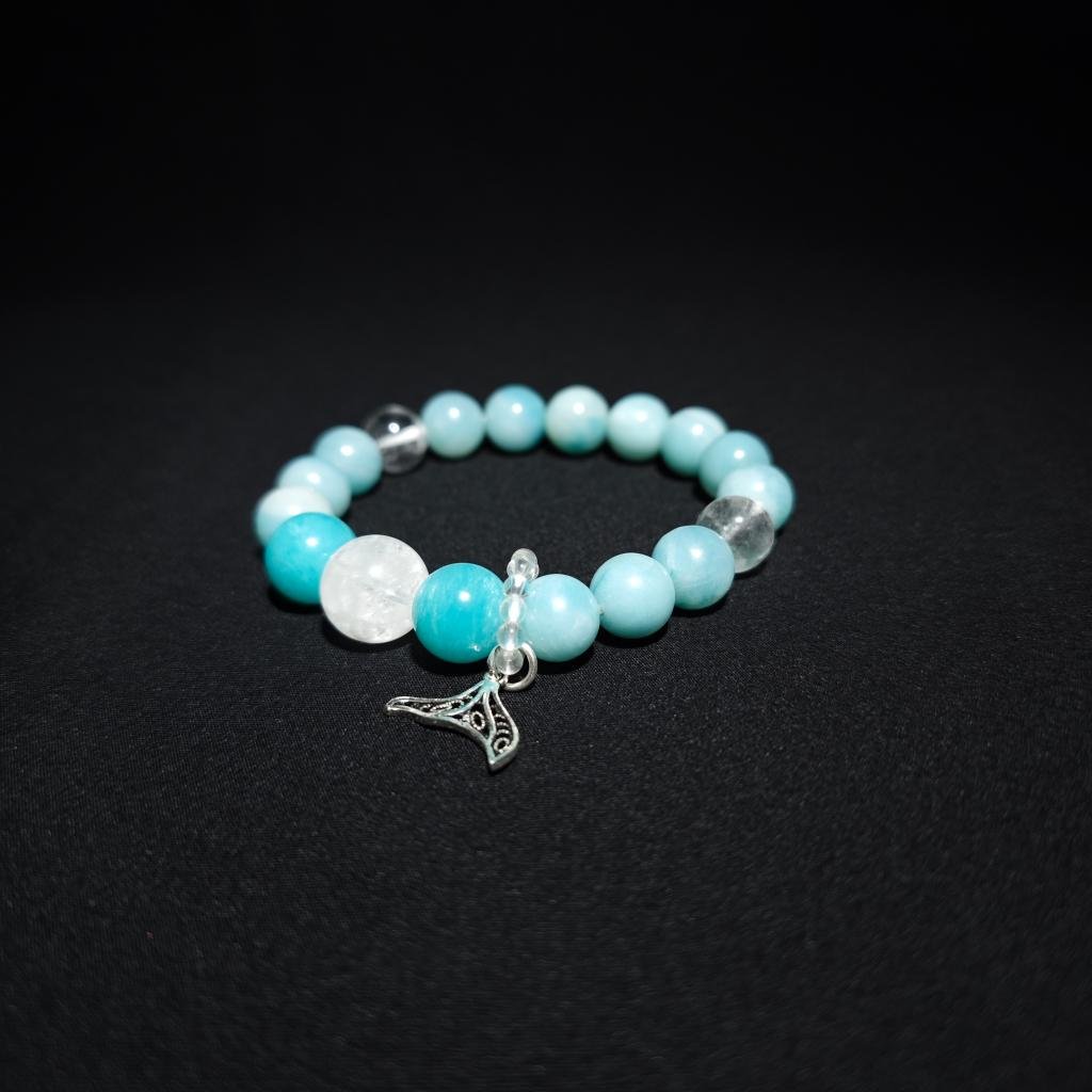 Lumoola Amazonite and Clear Quartz bracelet for anxiety relief and throat chakra.