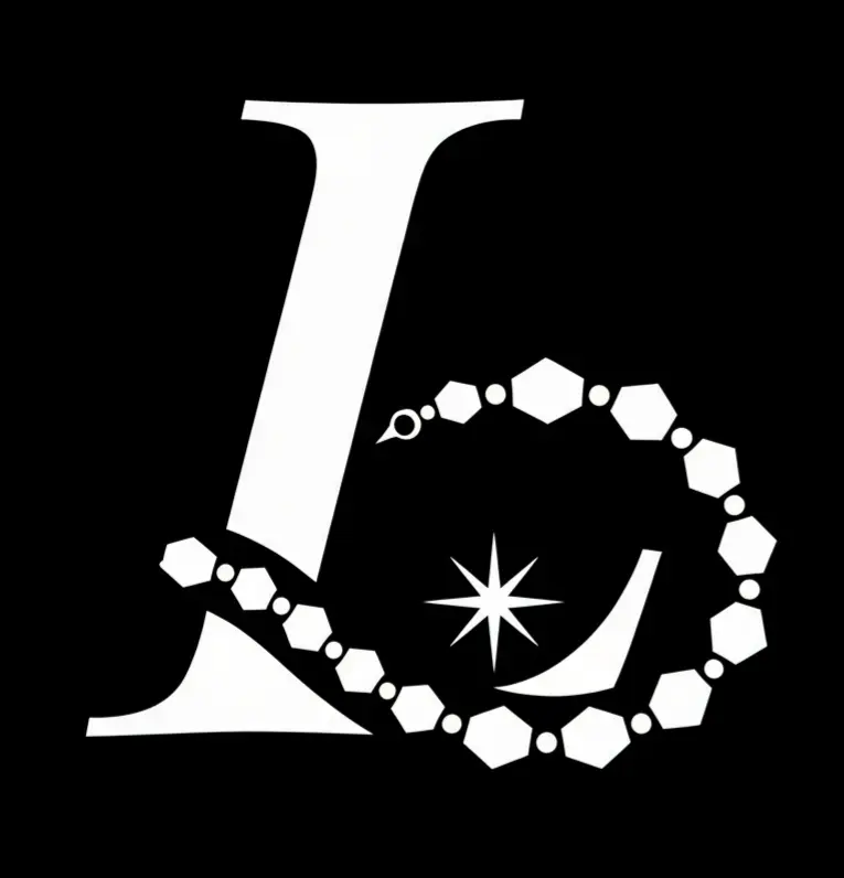 Lumoola brand logo featuring a stylized 'L' monogram with a coiled beaded serpent, star, and crescent moon.