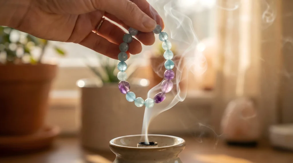 Wisps of purification fragrance smoke swirling through a Lumoola crystal bracelet to cleanse negative energy and restore its piezoelectric vibration.